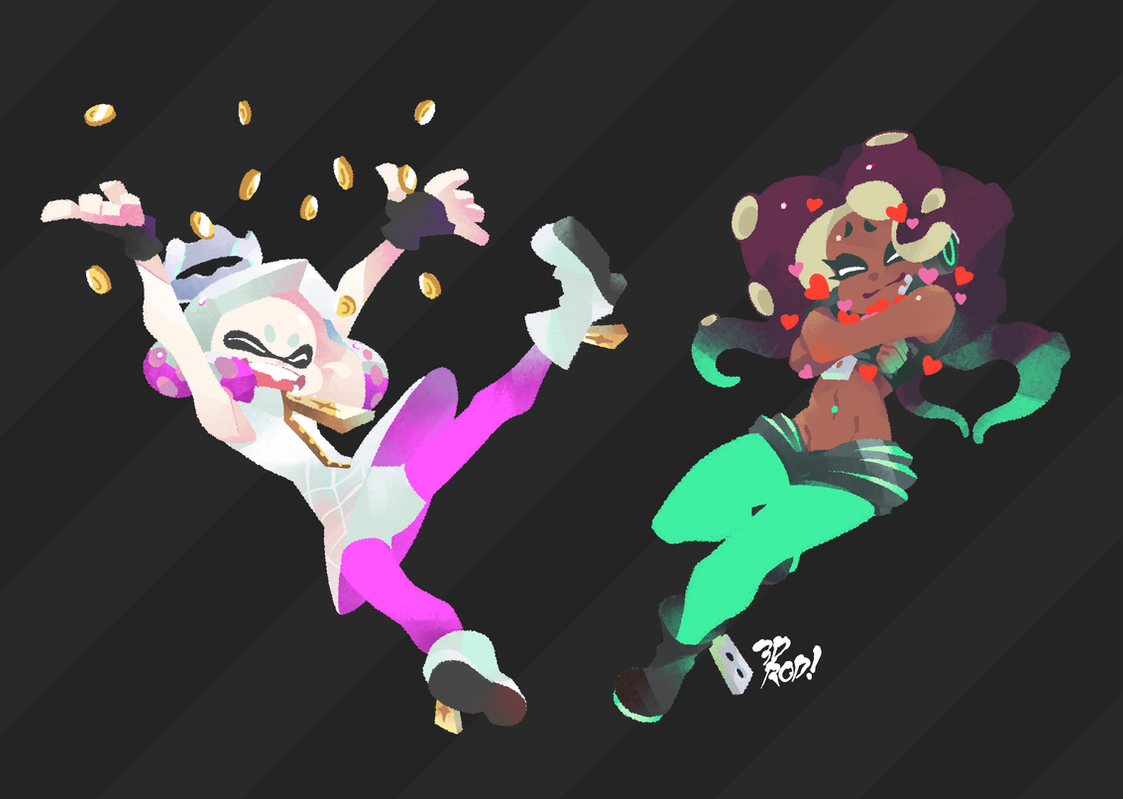 a cartoon image of two girls. the girl on the left is an inkling from splatoon. she is wearing a white and pink outfit and a pair of white boots. she is holding a sandwich in her right hand and kicking her left leg up in the air as she flies through the air, surrounded by golden coins. the girl on the right is an octoling. she is wearing a green and black outfit and a pair of white boots. she is standing on her tiptoes, her arms crossed and her face smiling, with her eyes closed, surrounded by pink hearts. the background is a dark grey with diagonal black stripes.  the words "32 rod!" are at the bottom of the image.