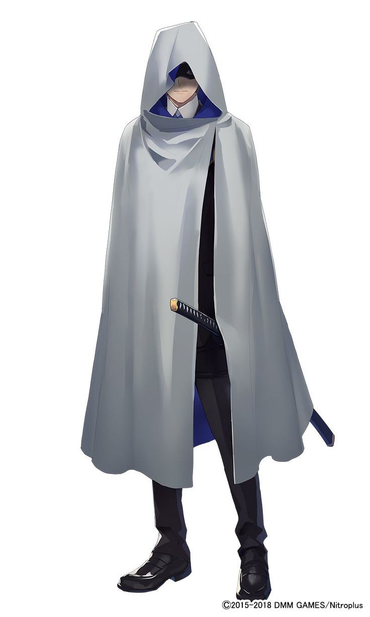 a fullbody illustration of a man in an anime style. he is wearing a gray hooded cape with a blue lining, formal black attire, including a suit, and black dress shoes. he has a sword tucked under his cape, and part of it is visible. the hood obscures much of his face. the background is white. at the bottom right, there are small watermarks indicating copyright and game company information.