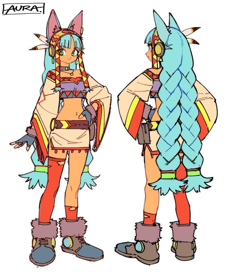 this image showcases a character design concept, seemingly for an anime or video game. the artwork features a young woman with foxlike ears, long braided turquoise hair, and a vibrant outfit incorporating tribal and futuristic elements. the character is depicted in both a front and back view, providing a comprehensive look at her attire and design details. the style is expressive and colorful, indicative of contemporary character design trends.