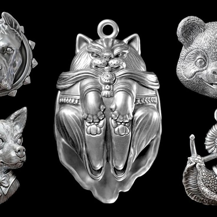 the image shows an arrangement of silvercolored metal pendants, depicting various animals: a dog with a spiked collar, a cat dressed in royal robes, a bear, and a snail. the pendants appear ornate and detailed.