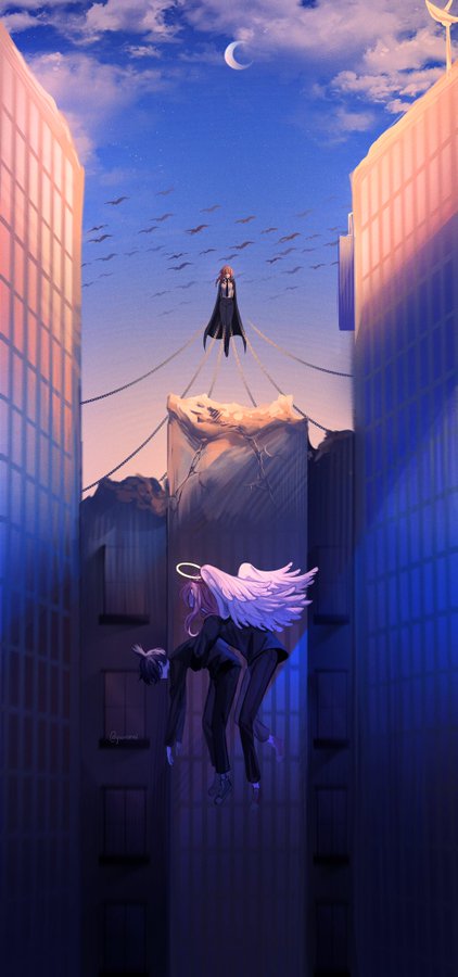 a city skyline with two buildings on either side of the image.  in the distance, there are small, silhouetted figures falling with wings.  the city seems dark, gloomy, and surreal.