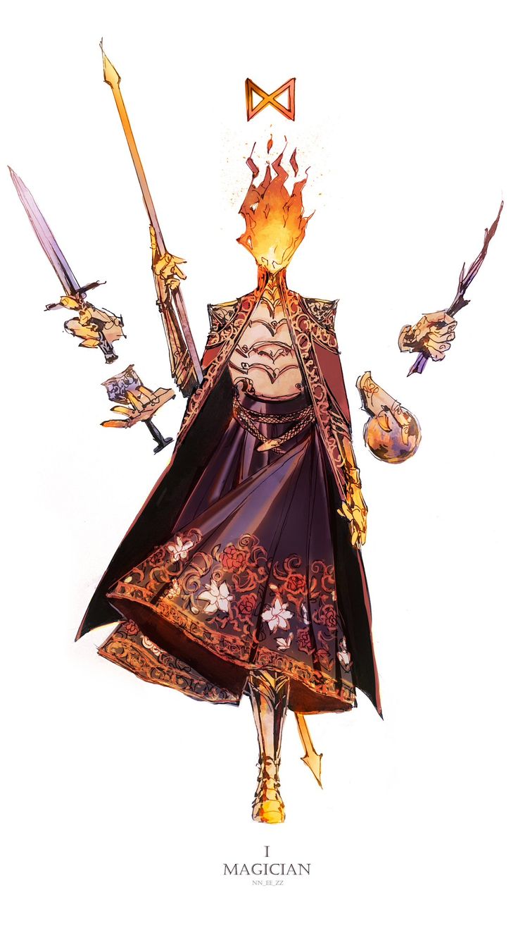 this is a digital illustration of the magician card from a tarot deck. the image features a figure with flames for a head, wearing ornate robes and holding four of the tarot suit symbols: sword, wand, cup, and pentacles. they are standing on a gold platform, and the word "magician" and the number "i" are written below. the background is a simple white.