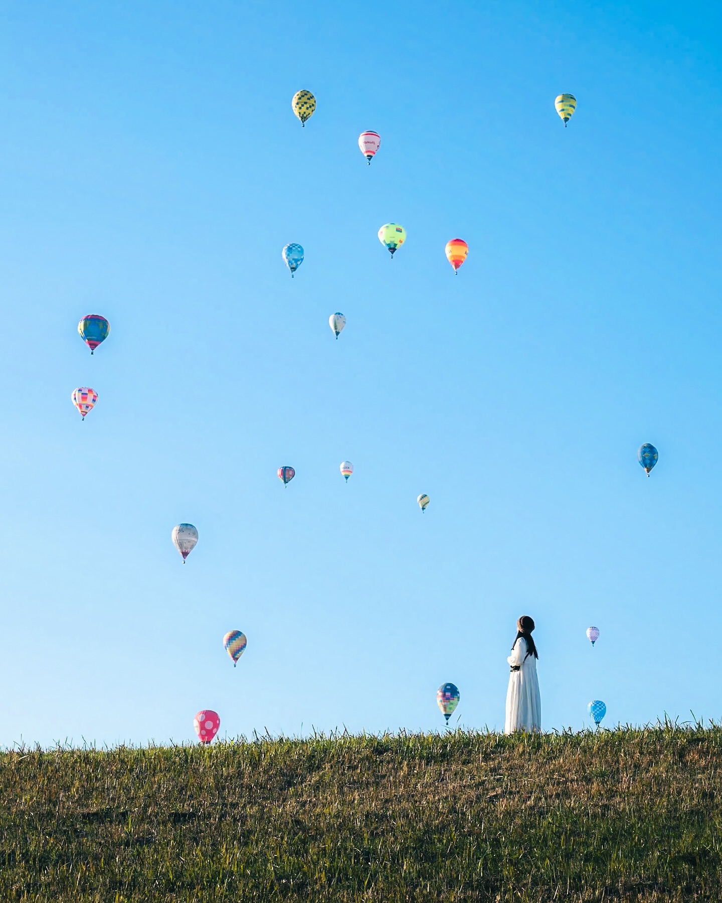 a woman in a white dress stands in a grassy field, looking at a number of brightly colored hot air balloons floating in a clear blue sky.  the scene is peaceful and serene, evoking a sense of freedom and tranquility. the numerous balloons are scattered across the sky at various distances, creating a visually interesting composition. the overall tone of the image is calm and contemplative.