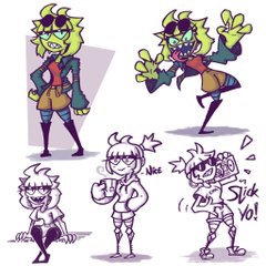 the image showcases several character design iterations of a cool and punkinspired monster girl. she is depicted in various poses and outfits, highlighting her edgy personality.  she has spiky green hair, sharp teeth, and sometimes wears sunglasses. the art style is cartoonish and expressive, with bold lines and vibrant colors.