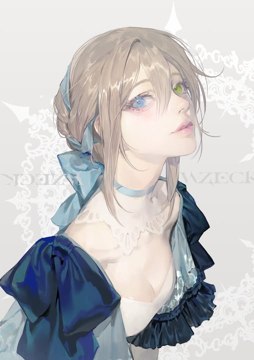 the image is a digital illustration of an animestyle girl. she has heterochromia, with one blue eye and one green eye. her blonde hair is styled in an updo with blue ribbons. she is wearing an elegant blue and white dress with lace detailing. the overall style is soft, dreamy and romantic. the background is a light gray with a subtle lace pattern. the artist's signature, "wavereck," is visible in the image.
