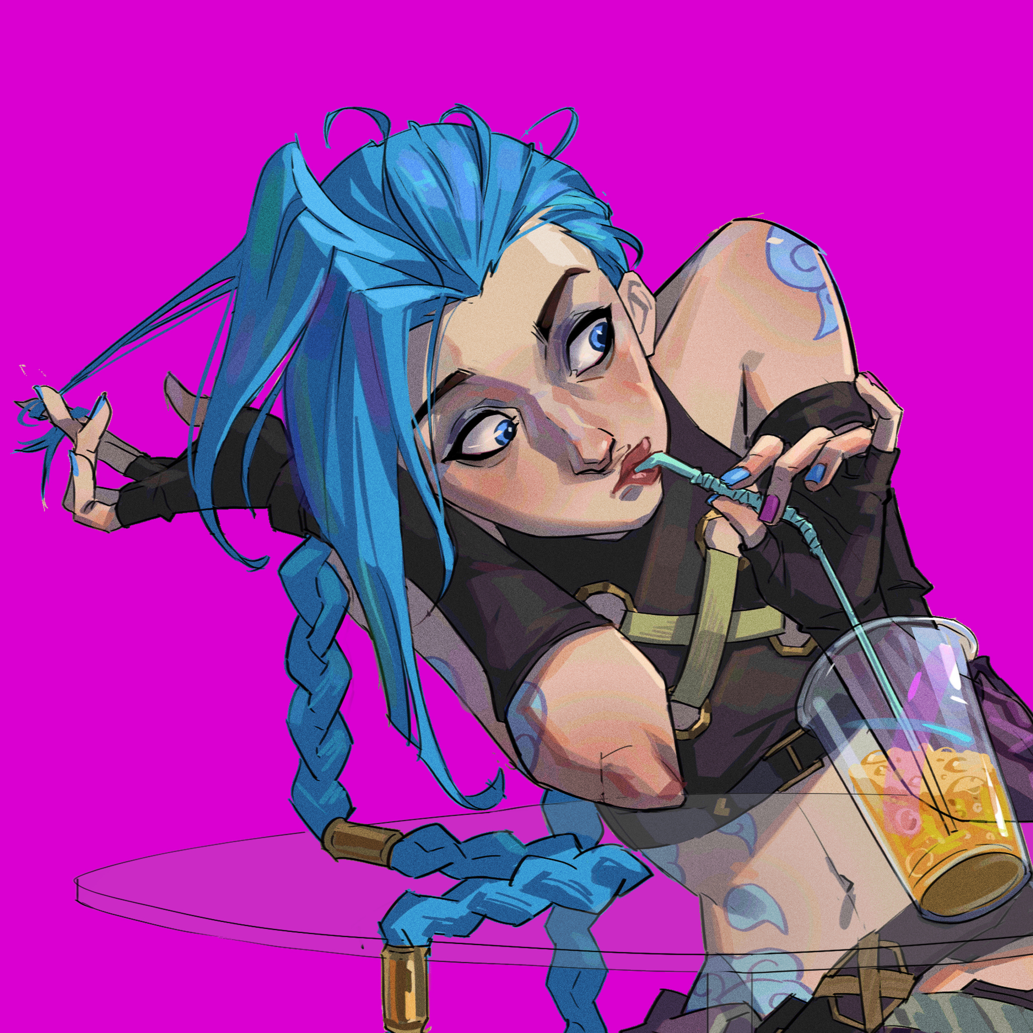 this is an illustration of jinx, from the video game league of legends, drinking from a straw. she has blue hair in a braid and is wearing a black and gold outfit. the background is a vibrant pink.