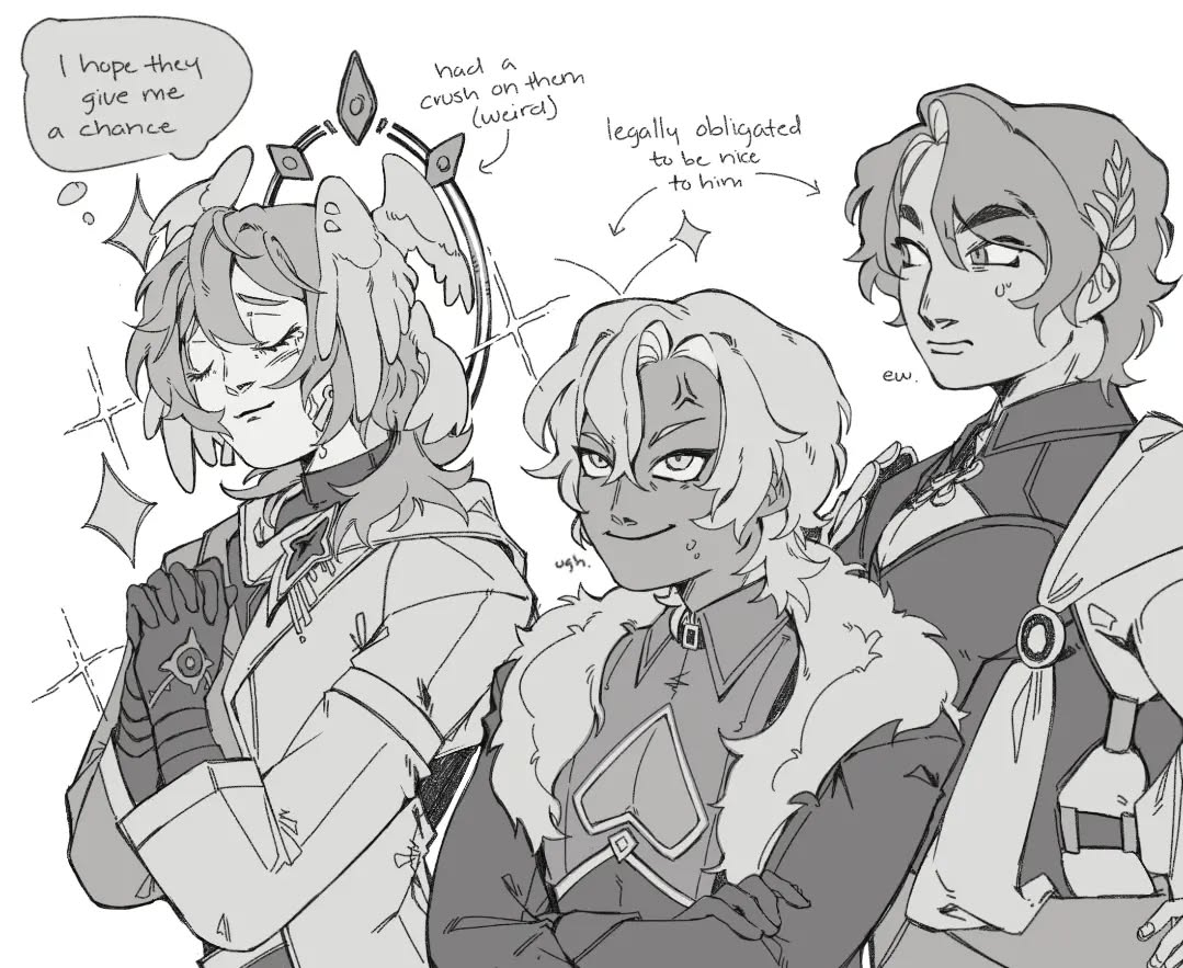 a grayscale digital drawing features three animestyle male characters. the character on the left is hopeful, with a speech bubble indicating that they hope to be given a chance. the character in the middle appears annoyed, labeled with "ugh." the character on the right expresses disgust ("ew"), and the text explains he's legally obligated to be nice.  the style is reminiscent of manga or anime character design, with expressive eyes and hair.  the overall tone is lighthearted but subtly conveys complex interpersonal dynamics.
