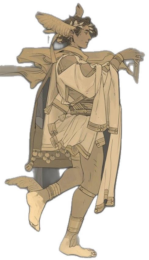 a digital illustration of hermes, the greek god of messengers, commerce, and travelers. he is depicted with his signature winged sandals, staff, and a caduceus. he is standing in a classical pose, with his left leg bent and his right leg extended. his wings are spread wide, as if he is about to fly. the illustration is done in a realistic style, and the details are very impressive. the colors are muted and earthy, which gives the image a sense of antiquity.