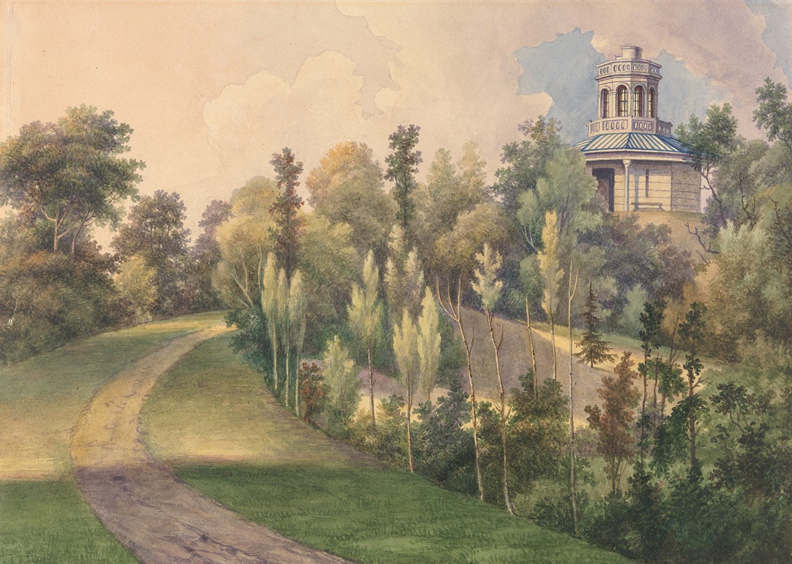 a painting of a landscape with a road leading towards a pavilion on a hill, surrounded by trees. the sky is visible with scattered clouds.