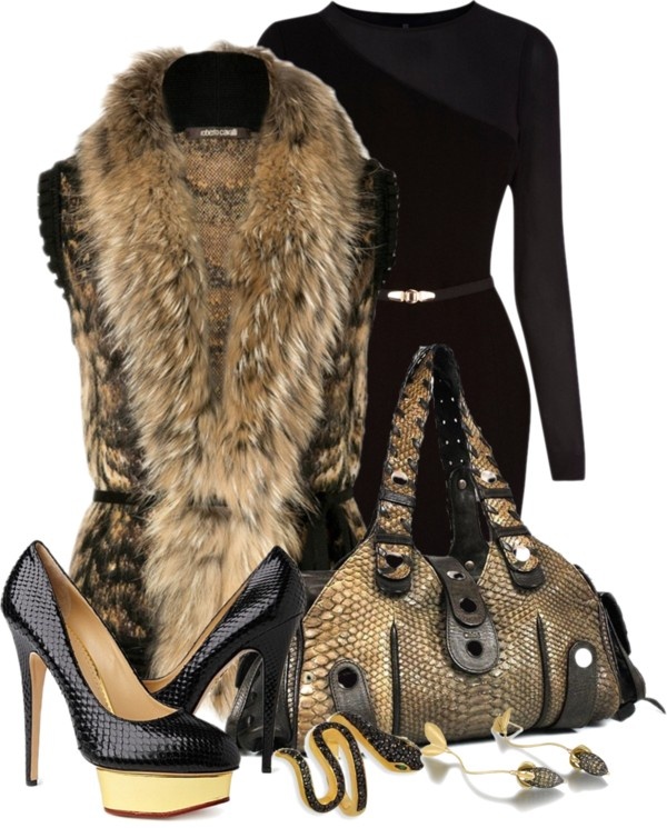 this image showcases a fashionable outfit, featuring a black dress with a mesh upper portion, a fur vest, a purse, a pair of black pumps with platform, and a snakeshaped ring and earrings.