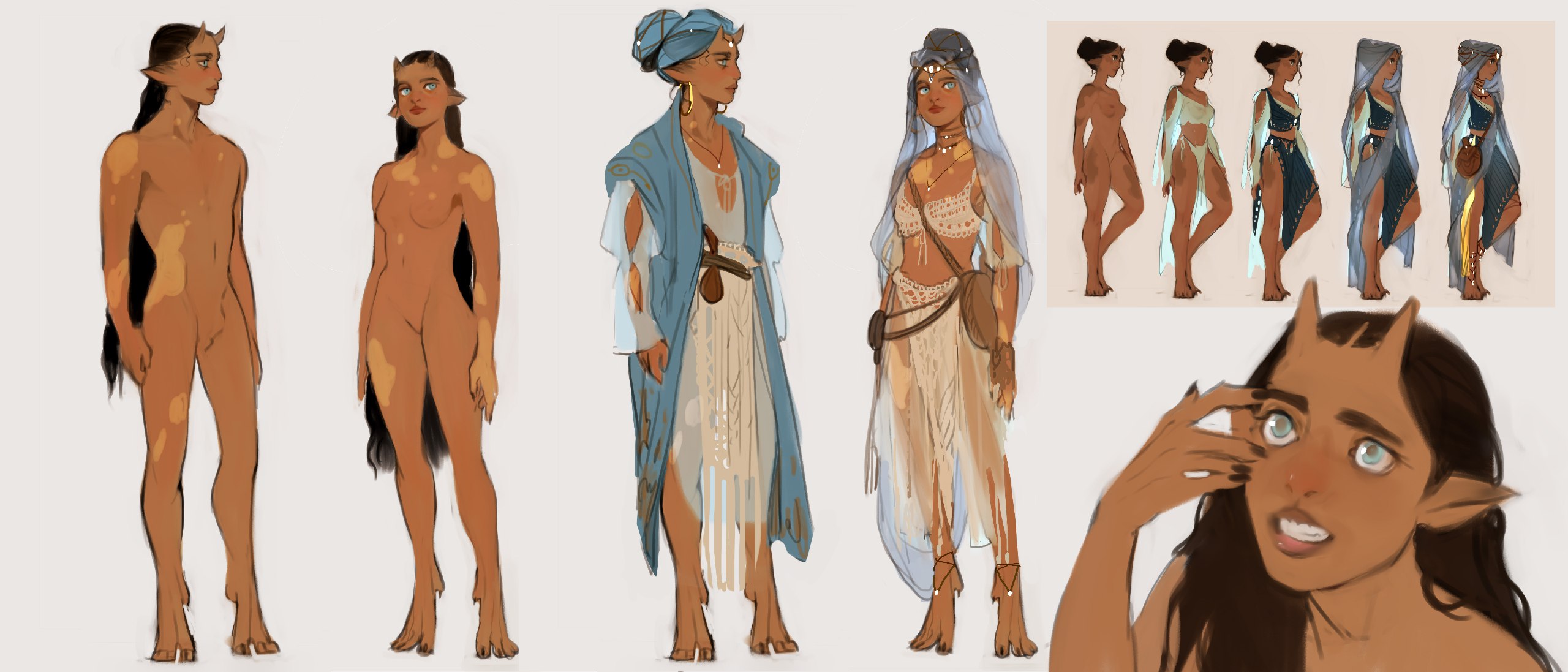 a digital illustration showcasing character design concepts for a female fantasy character. the image includes anatomical references (front and back), two outfit options, color variations for one outfit, and a closeup of the character's face with an amused expression. the character has brown skin, dark hair, green eyes, and small horns. her clothing options suggest a desertinspired aesthetic with loose fabrics, jewelry, and a headscarf.