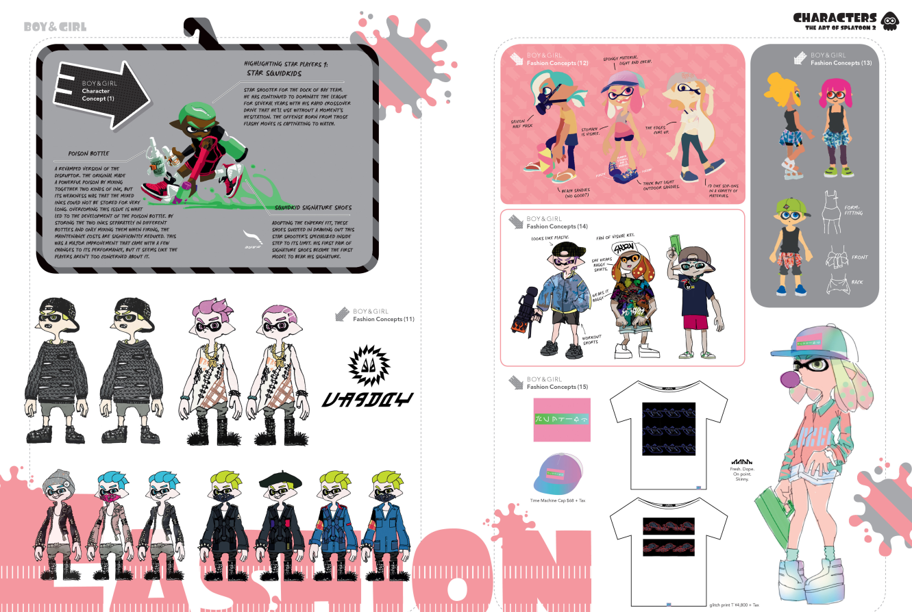 a concept art page for the video game splatoon 2, showcasing the character design process for the boy and girl characters. the page features various illustrations of the characters in different outfits, along with annotations and notes about their design elements. the overall style is vibrant and stylized, reflecting the game's aesthetic.
