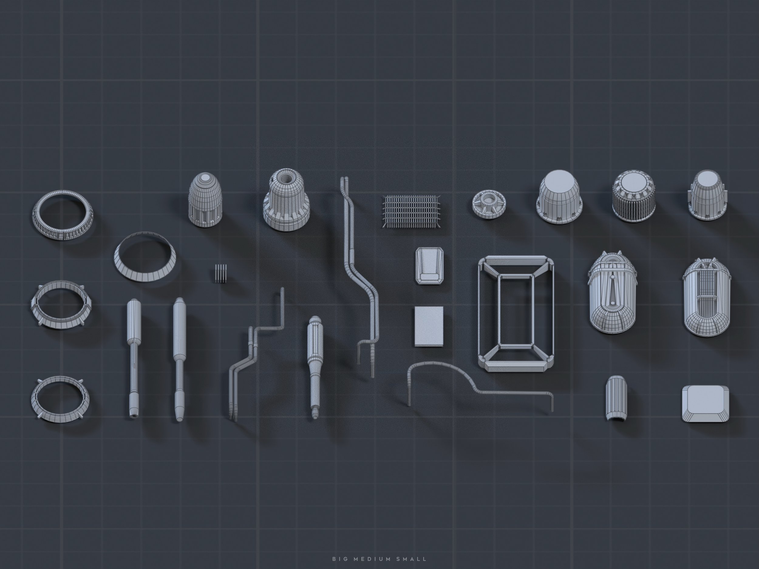 the image shows a topdown view of numerous small, intricately detailed 3d wireframe models of mechanical parts.  they are arranged neatly on a dark grey grid background. the parts appear to be various types of connectors, nuts, bolts, small tubes and pipes, and other small components. the wireframe style allows the internal structure of the models to be seen clearly. the caption at the bottom reads "big medium small," likely indicating the relative sizes of the parts.  the overall impression is of a technical drawing or cad model depicting a collection of components for a machine or device.