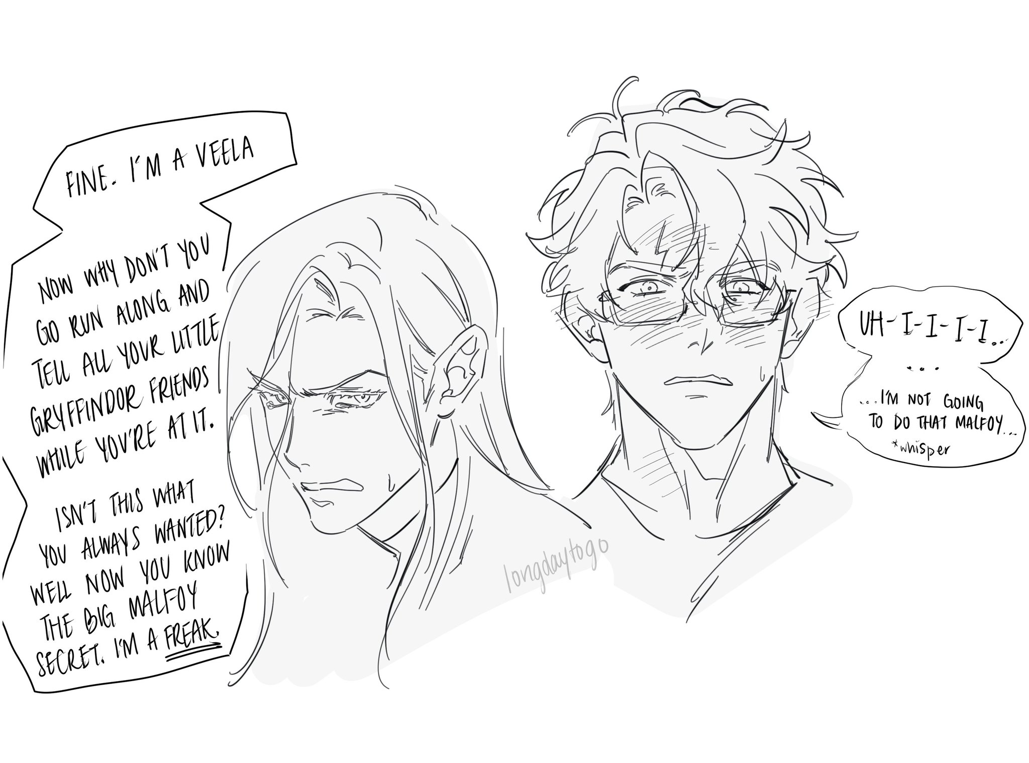 the image is a piece of fanart depicting a scene likely from a harry potter fanfiction.  it features two characters: one with long hair, identified as a veela, and another with shorter hair and glasses, implied to be draco malfoy. the veela is expressing annoyance and reveals their secret to malfoy, who appears flustered and whispers a refusal to spread the news. the art style is reminiscent of manga or webtoons, with expressive linework and dialogue bubbles containing their conversation.  the overall mood is a blend of humorous tension and romantic undertones.
