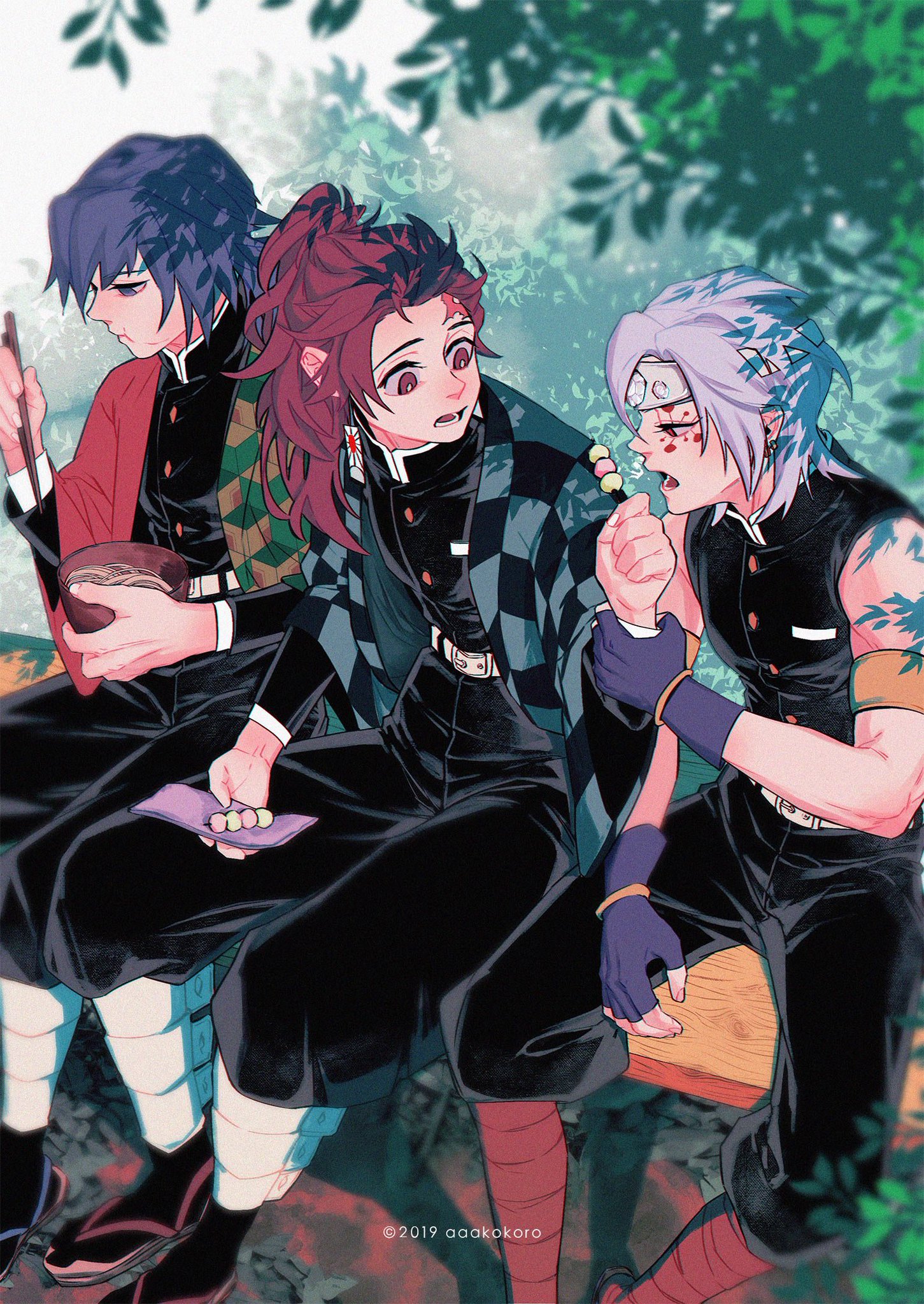 the image shows three boys, likely characters from the anime demon slayer, sitting on a bench in a forest setting. they appear to be eating, with one holding a bowl and chopsticks, another with a skewer of food, and the third holding what looks like a small notebook. the art style is characteristic of anime and manga, with large eyes and colorful hair. the lighting is soft and natural, suggesting a peaceful moment. the overall palette is muted, with shades of gray and black dominating.