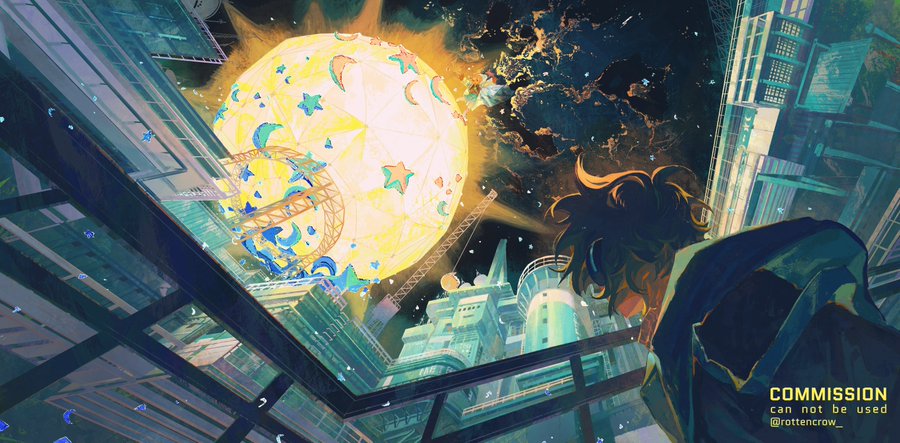 the artwork depicts a futuristic cityscape at night, with a giant moon hanging in the sky. the moon is adorned with stars and crescent moons, giving it a magical and surreal quality. the buildings are tall and sleek, made of glass and steel, and they reflect the light of the moon and stars. a person is standing on a rooftop, looking up at the moon. the artwork is full of color and detail, and it creates a sense of wonder and awe. the artwork is likely a digital painting, as it has a smooth and polished look. it may be inspired by anime and manga, given its stylization and fantasy themes. the artwork is a beautiful and evocative portrayal of a futuristic city, and it would be a great addition to any collection.