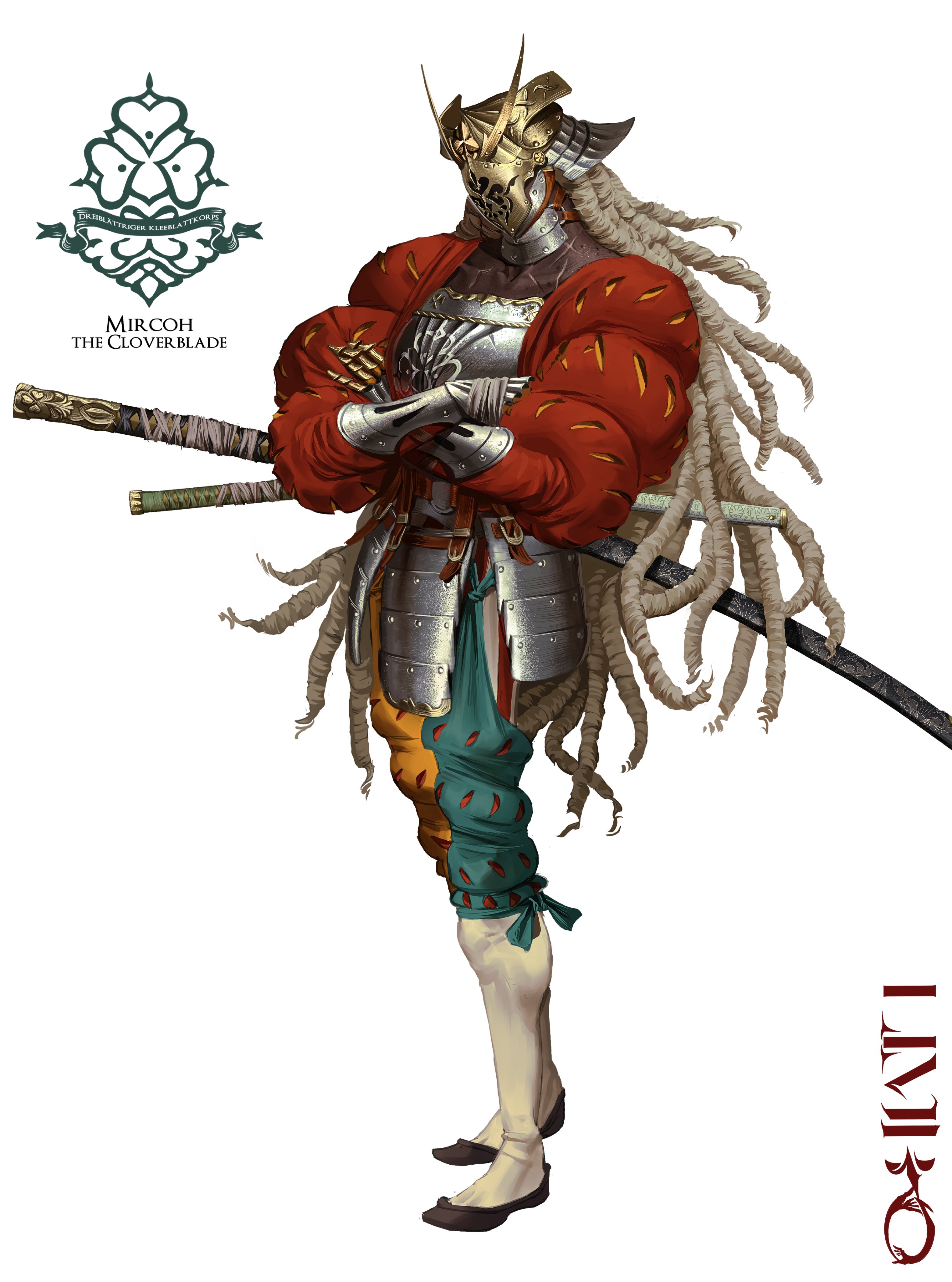 a fullbody character concept drawing of a samurai warrior. the warrior is wearing ornate red and gold armor, has long dreadlocks, and stands with arms crossed holding a katana sword.  the background is white.