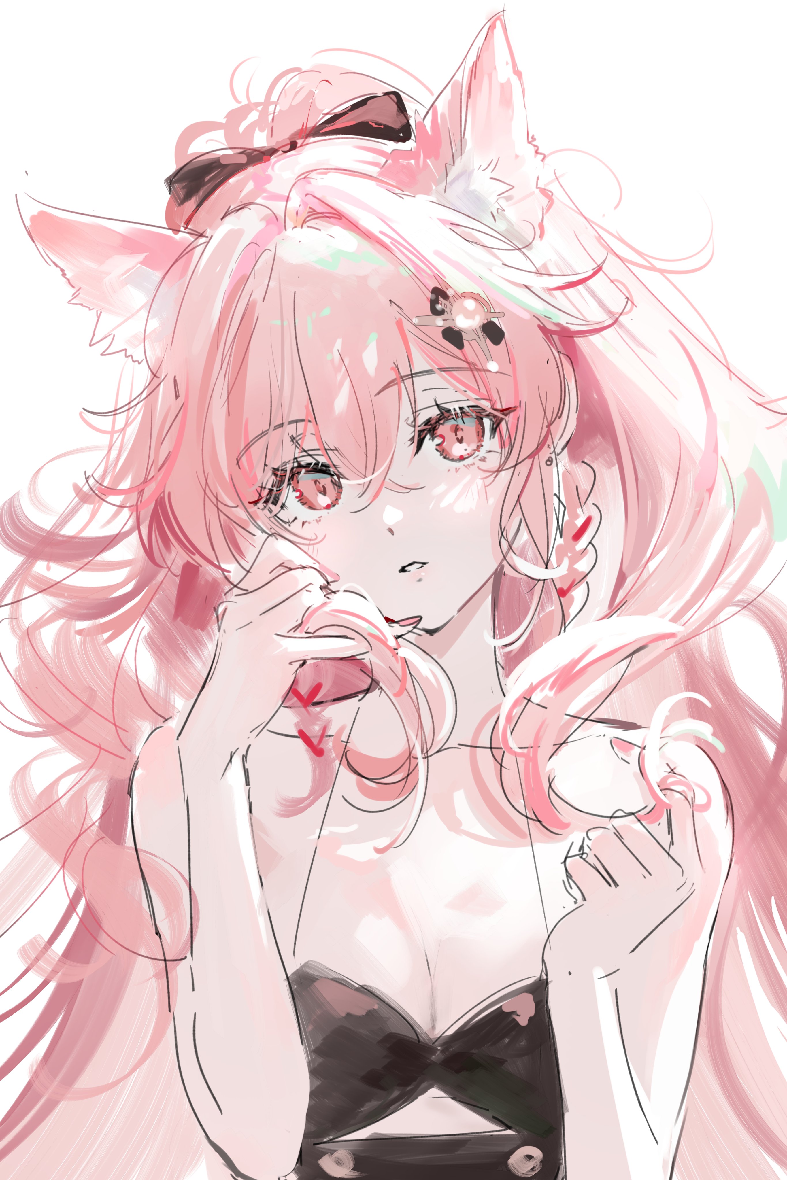 the image is a digital drawing of a young animestyle girl. she has long, flowing pink hair, cat ears, and is wearing a black, slightly offtheshoulder top.  her expression is soft and slightly shy. the art style is loose and painterly, with a focus on soft pastel colors and a dreamy, ethereal atmosphere. the overall aesthetic is kawaii and feminine. the drawing emphasizes gentle lines and shading, giving a delicate and whimsical feel.  a faint blush is visible on her cheeks.