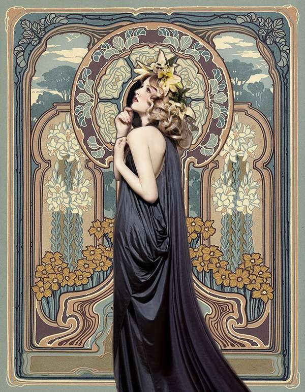 an image depicting a woman in a draped, darkcolored dress, possibly a gown, adorned with a flower crown, set against an art nouveau style floral backdrop. the woman is in profile, looking upwards, with her hands near her chin in a thoughtful or contemplative gesture. the background features intricate floral patterns and a landscapelike design at the top, all rendered in the distinctive style of art nouveau.