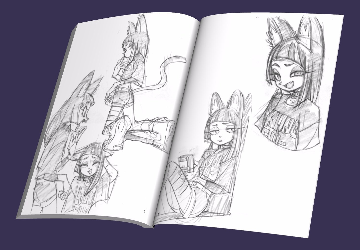 a sketchbook opened to a page with multiple sketches of a female character with cat ears and a tail. the character is wearing a variety of clothing, including a tshirt and shorts, and is posed in a variety of ways. the sketches are drawn in pencil and have a soft, sketchy quality.