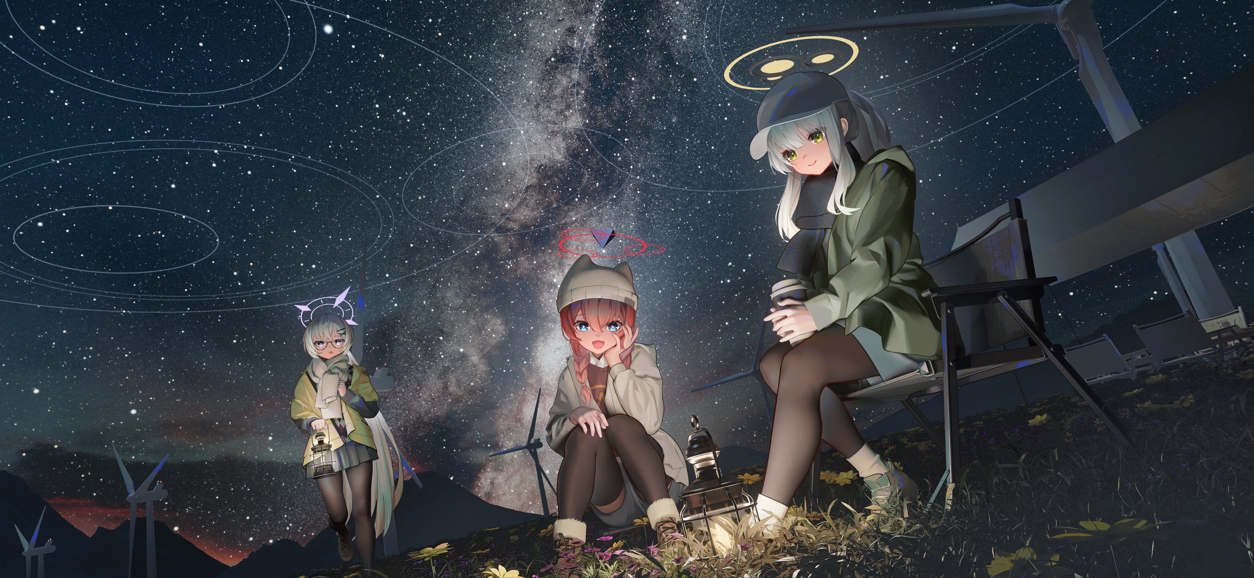 the image depicts three anime girls enjoying a night under the stars. the milky way galaxy is prominent in the background, along with several wind turbines in the distance.  one girl sits in a camping chair, another sits on the ground next to her, while a third stands nearby holding a lantern.  they are dressed in casual, warm clothing appropriate for a cool evening. the scene is peaceful and evokes a feeling of comfort and friendship.  the art style is digital and highly detailed, with a focus on atmospheric lighting and realistic rendering of the environment.