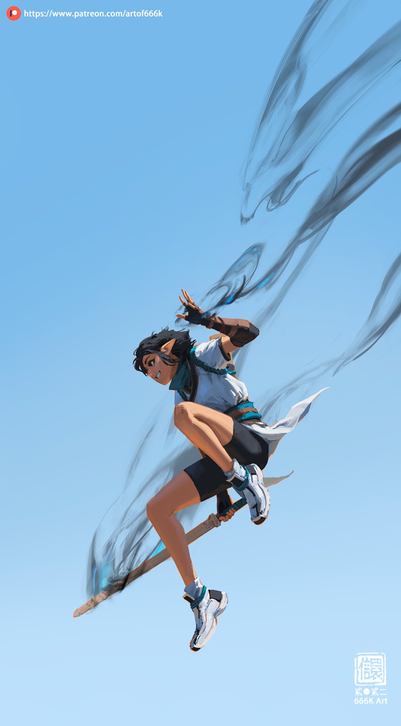 the image is a digital painting of a female elflike character flying through the air on what appears to be a long, darkcolored sword or staff. she is wearing light blue and white clothing and sneakers, and her hair is dark and short.  her expression is determined.  dark, smoky trails stream behind her, suggesting speed and motion. the background is a clear, light blue sky. the artwork is dynamic and actionoriented, with a focus on the character's movement and energy.  a patreon link is included in the upper left corner.  a small logo is at the bottom right corner, indicating the artist's information.