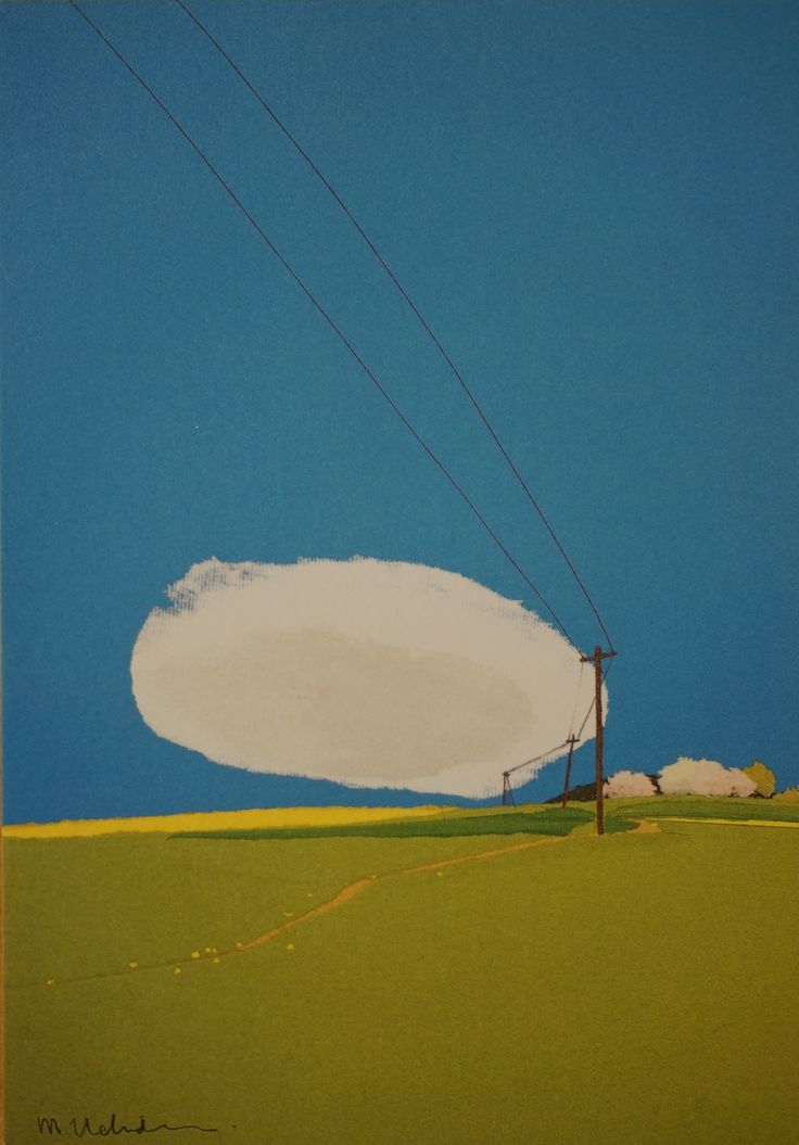 a minimalist landscape painting featuring a bright blue sky with a single white cloud. two power lines stretch diagonally across the sky, leading the eye to a distant green field with hints of yellow. the scene suggests a sense of peace and vastness.