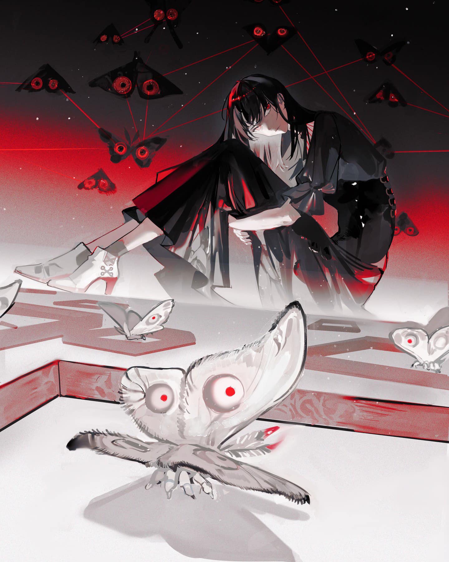 the image is a digital painting or illustration featuring an animestyle girl sitting on a platform with large, stylized moths surrounding her.  the overall aesthetic is dark and mysterious, with a color palette dominated by shades of red, black, white, and grey. the girl is dressed in a dark, flowing outfit, and her posture suggests a melancholic or contemplative mood.  the moths, which are highly detailed and have large, expressive eyes, appear to be connected to the girl by thin red lines, creating a sense of interconnectedness or entrapment. the style is a blend of realism and fantasy, with the elements of the scene intricately detailed and rendered. the background is abstract, featuring a geometric pattern and a sense of depth.