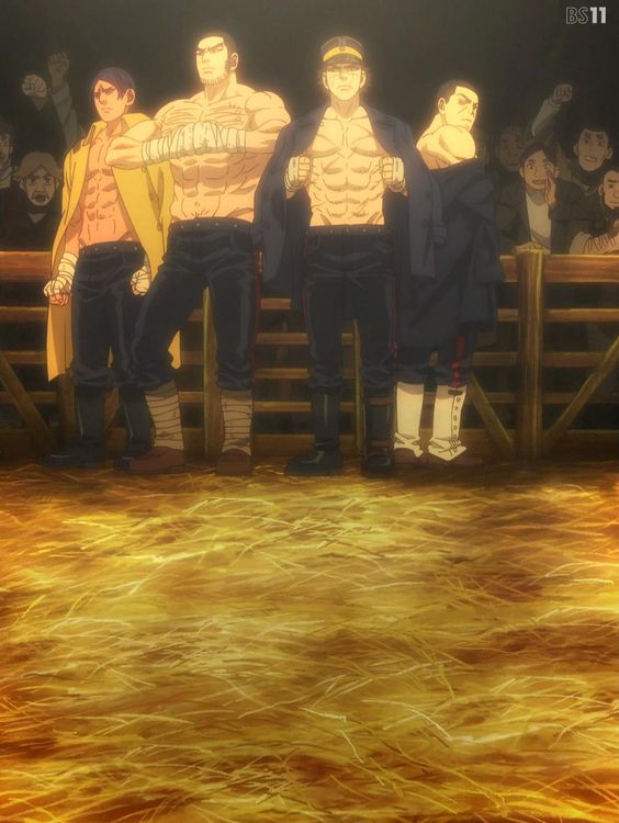 four muscular men stand in a fighting ring, illuminated by a spotlight. the ring is filled with hay and surrounded by a wooden fence. the crowd in the background is blurred, emphasizing the focus on the fighters and the anticipation of the upcoming fight.