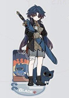a chibi anime character with black and blue hair is standing with a sword in their hand. the character is wearing a blue and black outfit. on the left side of the image, there's a black cat. the character and cat are standing on a white background with a clear stand that says "blade" on it. the character is from the game "genshin impact". the character's name is "blade". the image is a collectible figure of a popular anime character.