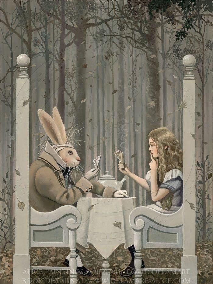 the image is a painting depicting a scene reminiscent of lewis carroll's alice's adventures in wonderland.  alice and the white rabbit are seated at a small table in a whimsical setting.  the backdrop is a misty, autumnal forest with falling leaves.  the white rabbit, dressed in a waistcoat and cravat, is holding playing cards. alice, with her long, wavy hair, is thoughtfully holding a few cards as well. both are seated on a large, white fourposter bedlike structure in the forest. the overall color palette is muted, consisting primarily of greys and browns.  the style of the painting is detailed and evocative of a vintage illustration with a touch of dark fantasy.  the atmosphere is quiet and somewhat mysterious.