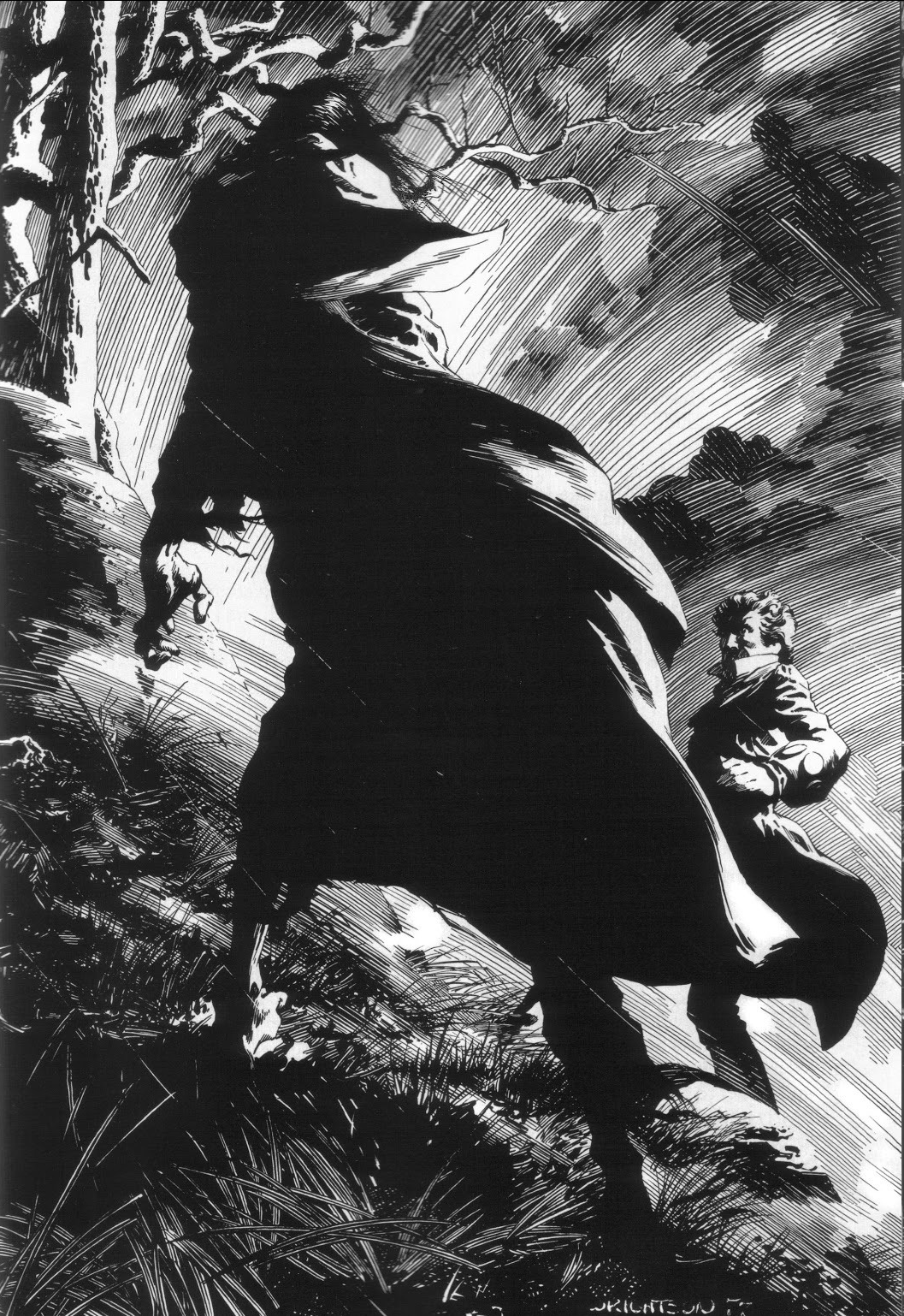 a black and white illustration depicts a terrified man running away from a looming, cloaked figure on a darkened hillside. the figure is entirely shadowed, adding to the suspense and mystery. the use of dramatic lighting and a side view perspective emphasizes the action and heightens the sense of fear.  the environment suggests a forest setting, with bare branches visible against the sky. the overall tone is one of horror and suspense.