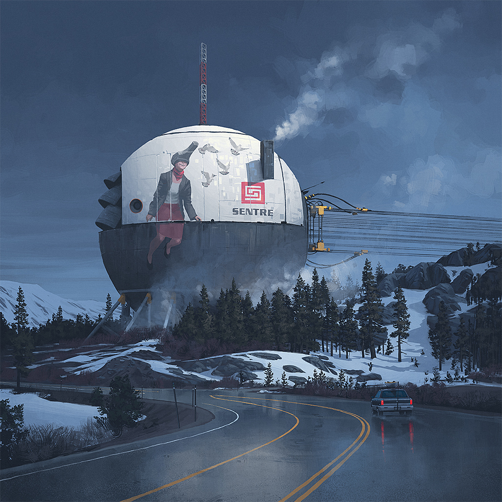 a futuristic, spherical building sits on a snowy mountainside, with a road winding around it. there are trees on the mountain and a car driving on the road. there is a graphic on the side of the building of a woman standing and there are a few birds flying in the sky, the clouds are a light gray and the sky is a darker blue. the building has a black and white color scheme.