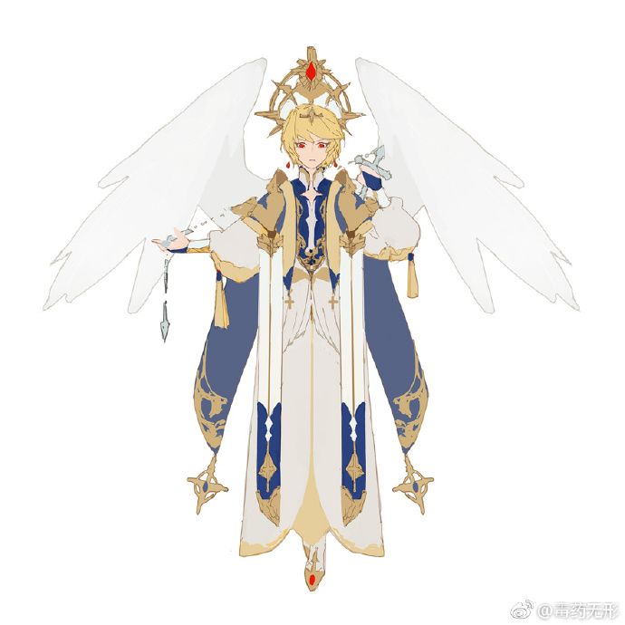 the illustration features a male anime character dressed in an angel's attire. he is wearing a long white robe with blue and gold accents. he has golden blonde hair, and a halo above his head. he holds a sword in his right hand and a chain with a knife in his left hand. his wings are large and white, and he has a serious expression.