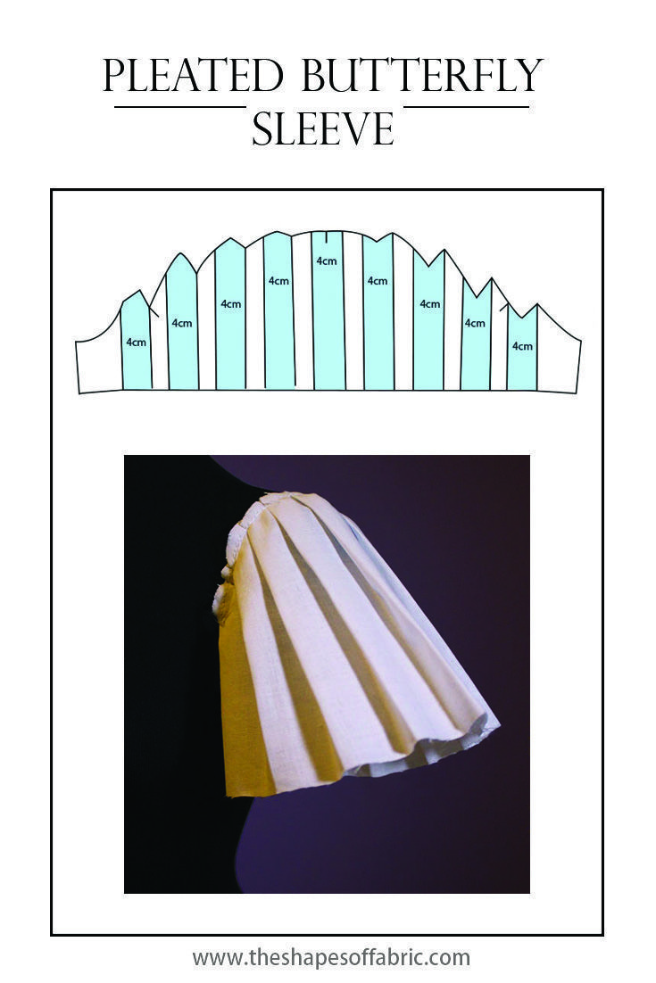 this image shows a tutorial or pattern for a pleated butterfly sleeve. the top portion features a diagram of the pattern piece with blue lines indicating where to make pleats, each labeled with "4cm". the bottom portion shows a finished sleeve made from a lightcolored fabric with deep, crisp pleats. the title of the pattern is "pleated butterfly sleeve" at the top. the website "www.theshapesoffabric.com" is displayed at the bottom.