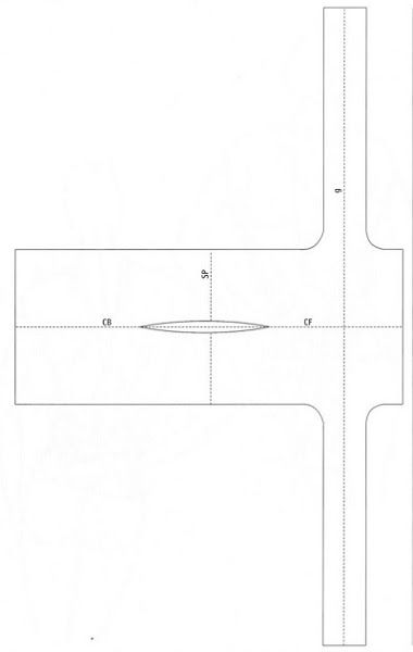 image shows a white sewing pattern with labels such as 'cb', 'cf', 'sp', and '9'. there is a slit feature in the center of the pattern. the pattern includes straps.