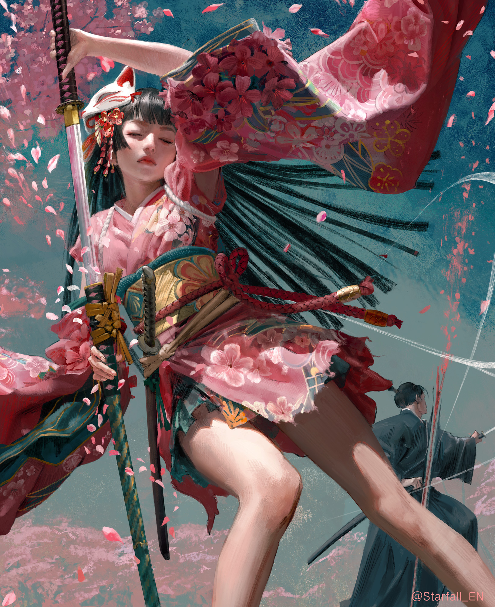 the image depicts a female samurai in midair, about to strike with her katana. she wears a pink floral kimono and her long black hair flows behind her. cherry blossom petals swirl around her, creating a sense of movement and grace.  below her, another figure in black attire prepares to defend. the scene is set against a soft blue sky. the low angle shot emphasizes the samurai's power and dynamism.  the overall feeling is one of beauty, action, and the fleeting nature of life, as symbolized by the cherry blossoms.