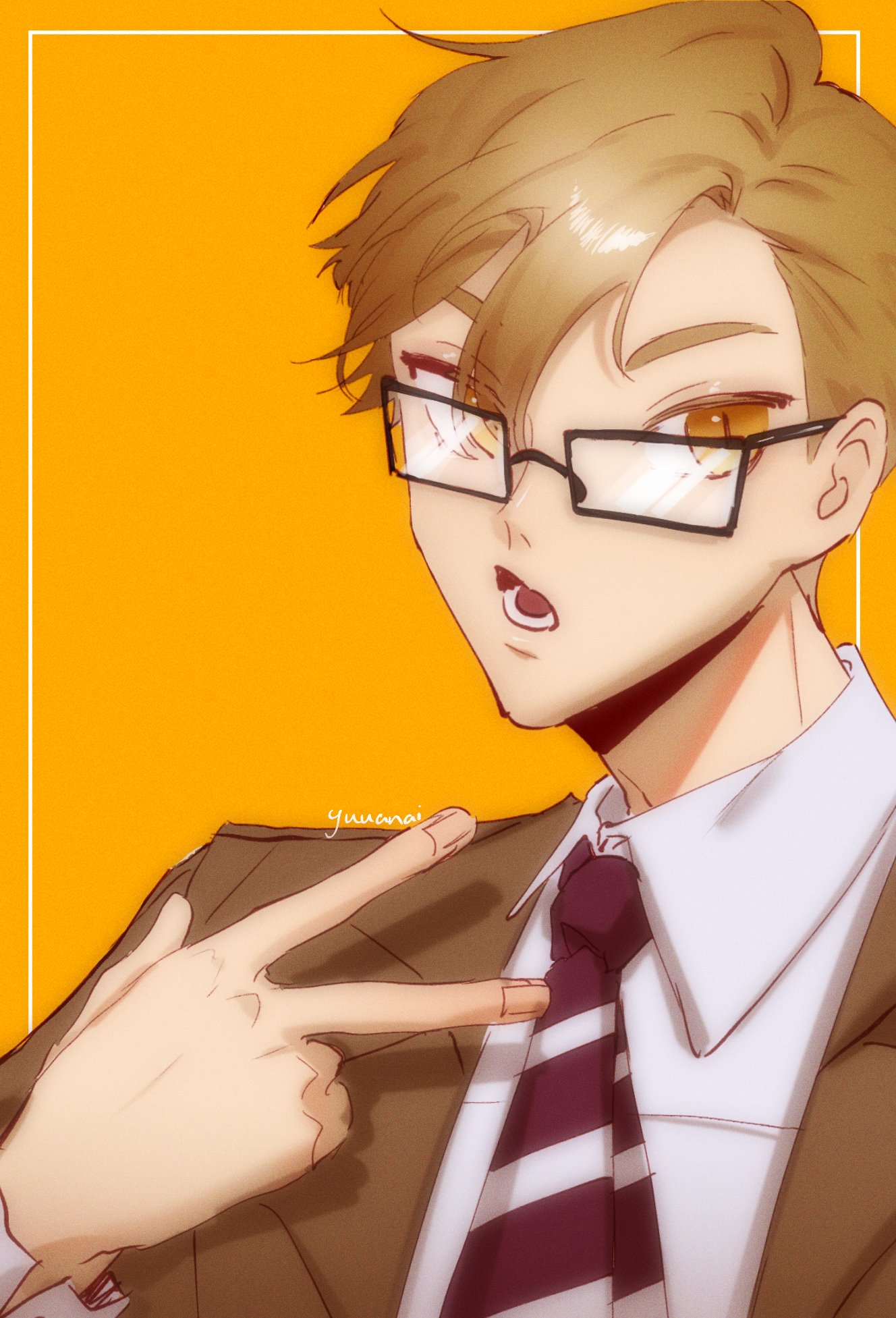 an anime boy in a suit is making a peace sign with his hand. he is wearing glasses and has brown hair and brown eyes. the background is yellow.