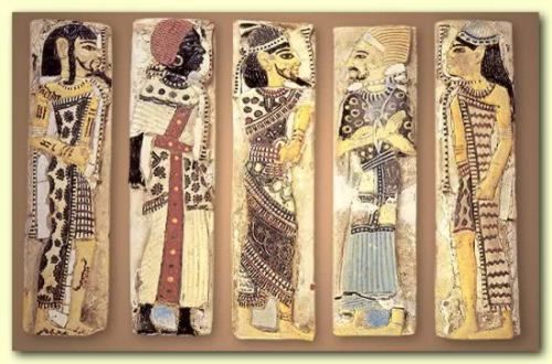this image is of five painted panels depicting men from ancient egypt. the panels are carved from stone and painted with vivid colors.  each man is dressed in different clothing and jewelry, likely indicating their social status.  the men are posed facing forward with their arms crossed in front of them.