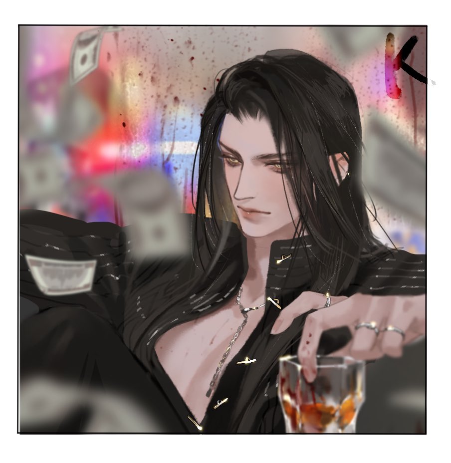 a digital illustration of an attractive man with long black hair wearing a partially unbuttoned black shirt, accessorized with silver chains and rings.  he sits at a bar, casually holding a glass of whiskey, with dollar bills scattered around him.  the setting is dark and moody.