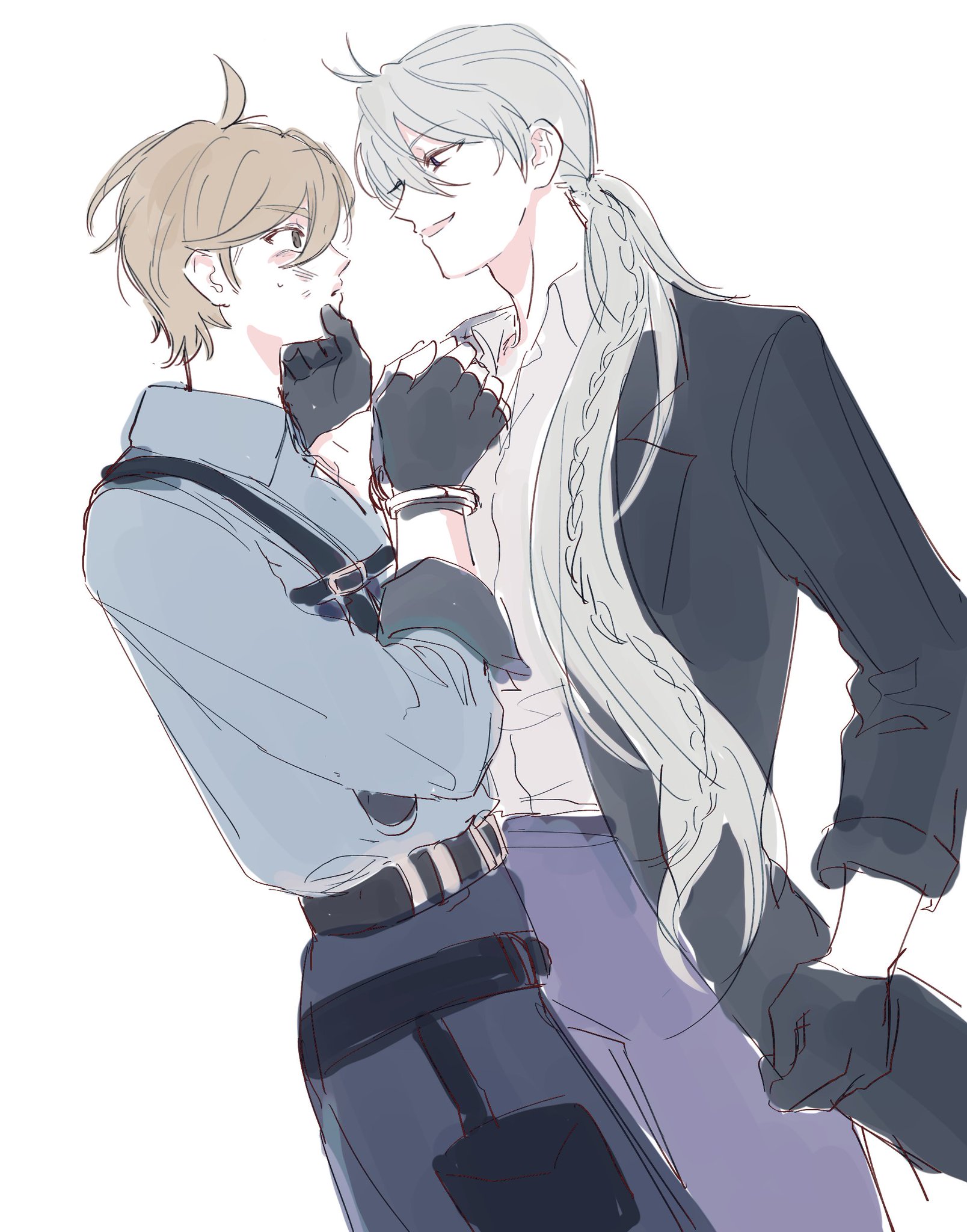 the image shows a couple of anime men. the man on the left has brown hair and brown eyes. he is wearing a blue shirt and black pants with a belt. he has black gloves on. the man on the right has white hair and blue eyes. he is wearing a black suit jacket over a white shirt. he has one hand on his hip and the other is holding the hand of the man on the left. they both look at each other with a loving gaze.