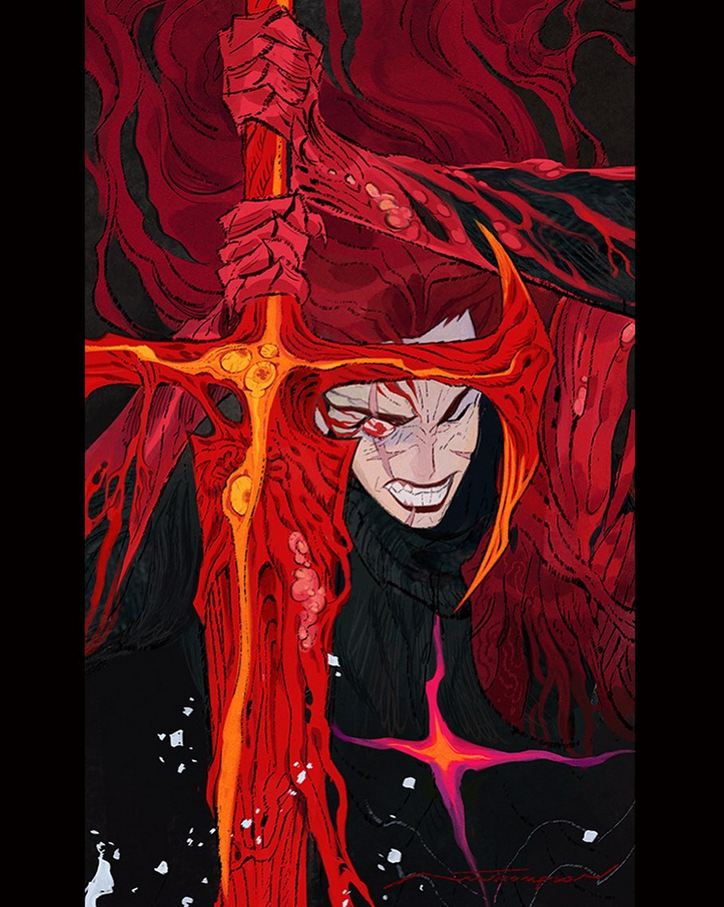 a figure consumed by a fiery red aura, wields a large, glowing sword. their expression is one of wild aggression. the background is dark and abstract.