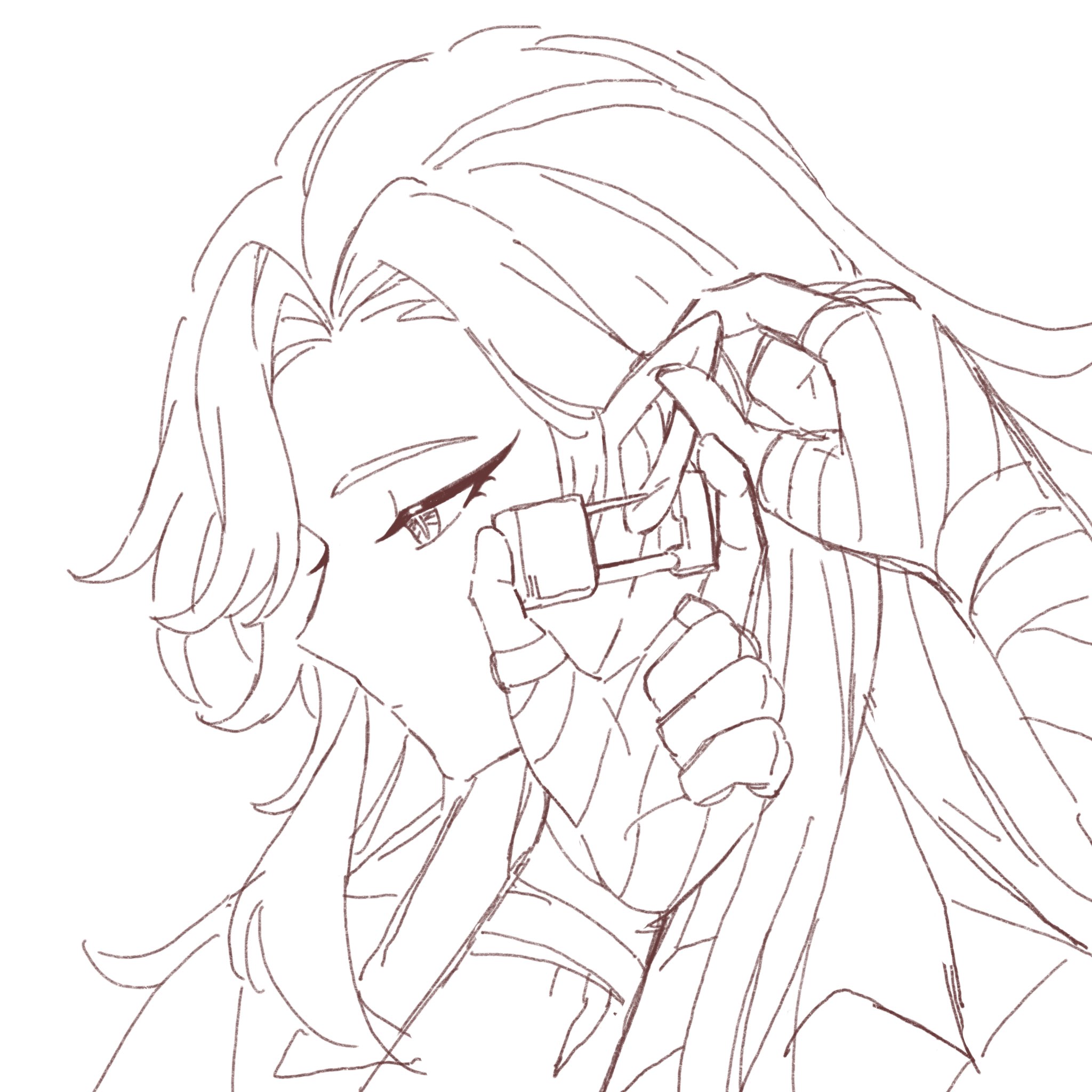 he image is a line drawing of an animestyle female character with long hair. she is holding a small, rectangular object in her hands, close to her eyes, as if examining it. her expression is somewhat serious or contemplative. the style of the drawing is loose and sketchy, with visible lines and shading. the overall color palette is muted, with shades of brown and red on a white background.