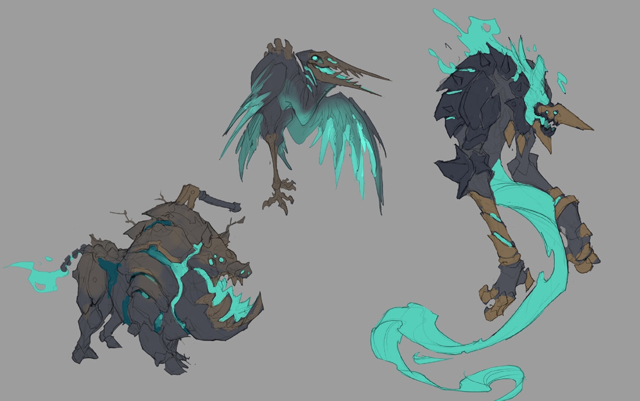 the image contains three concept art sketches of fantastical creatures.  the first is a birdlike creature with skeletal features and glowing teal wings. the second is a boarlike creature with dark, armored plating and glowing teal accents, resembling a golem or undead beast. the third is a humanoid creature with a birdlike beak, skeletal features, and flowing teal spectral energy. all three designs have a dark fantasy aesthetic, combining skeletal elements with glowing turquoise energy. the style appears to be digital painting, likely for a video game or similar project.  the sketches are loose and appear to be early stages of design exploration.