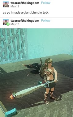 a video game screenshot of link from the legend of zelda: tears of the kingdom wielding a giant weapon that looks like a blunt. the character is standing in a room with blue walls and a light brown floor.  the character is wielding the weapon in his right hand and appears to be looking in front of him, facing the camera.