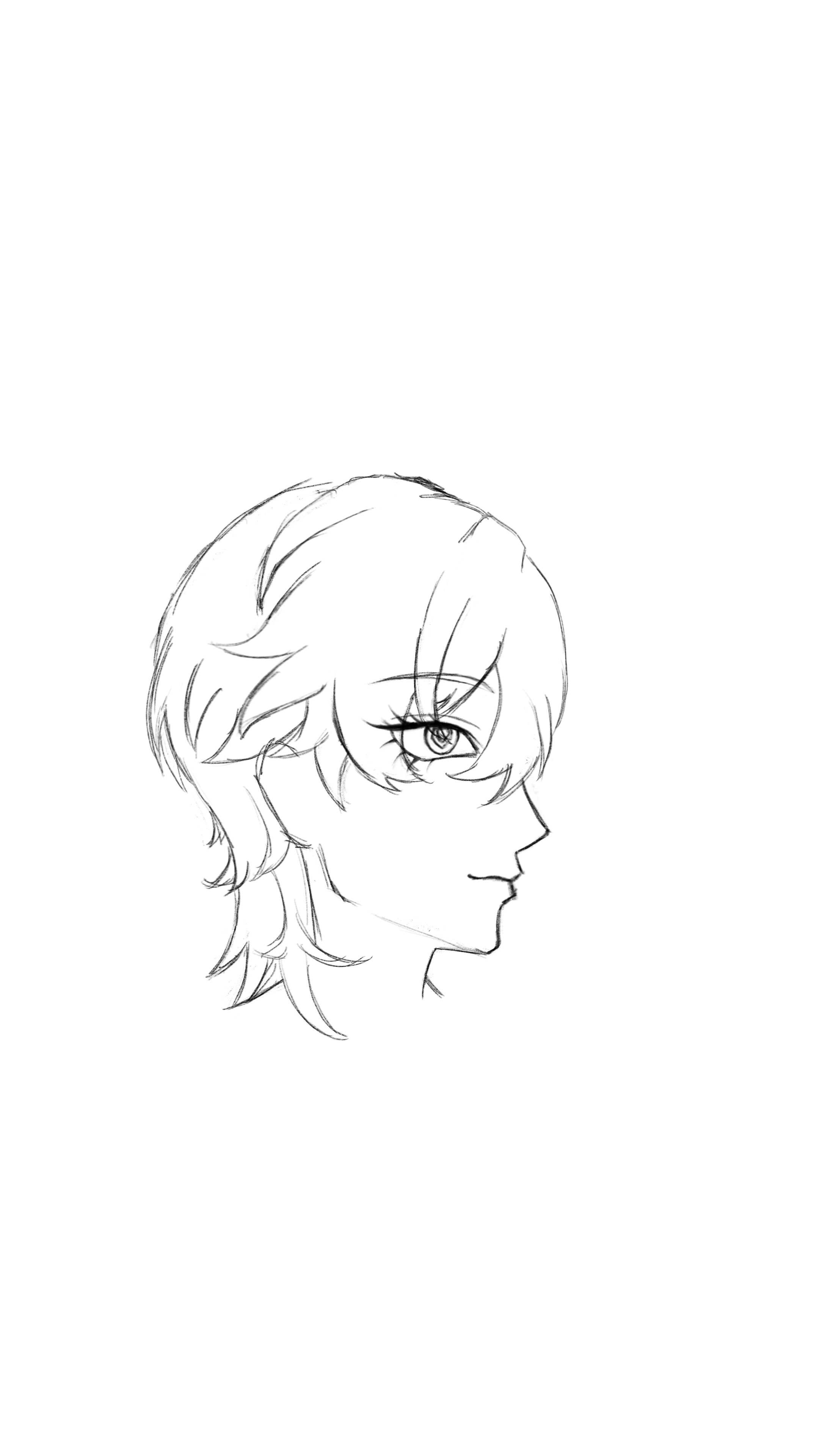 a black and white sketch of a character in an anime style, shown in side view from the head up. the character has short, layered hair, a detailed eye with eyelashes, a nose, and a mouth. hair strands are visible, giving the hair a textured appearance.