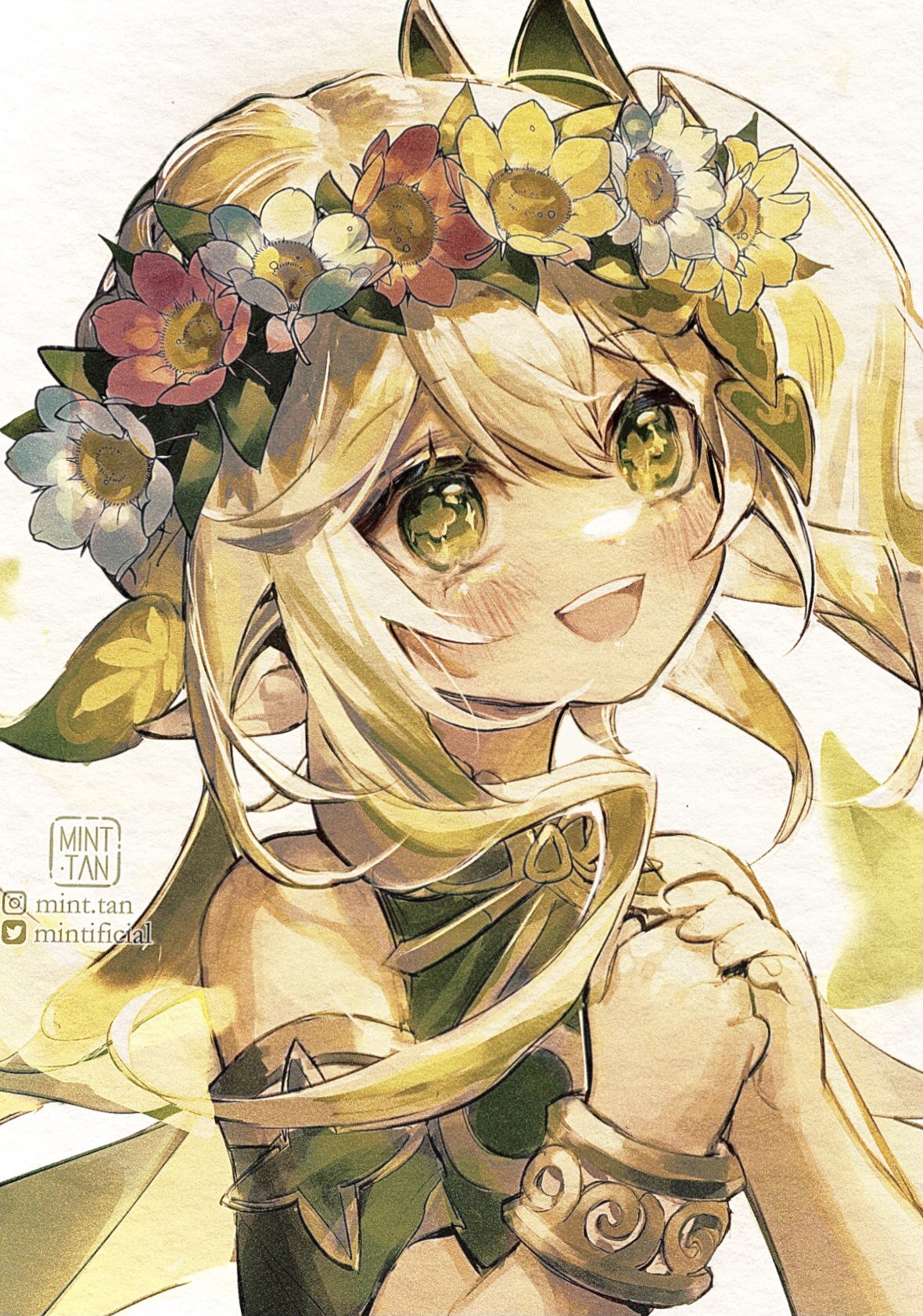 a closeup illustration of a beautiful anime girl with long blond hair wearing a green dress and a flower crown. she has green eyes and is smiling. she is surrounded by flowers and plants, giving the impression of a magical forest. her expression is full of innocence and kindness.