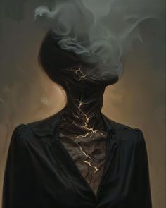 a woman, shrouded in shadow and smoke, stands against a dark background.  golden cracks, reminiscent of kintsugi, run along her neck and chest, suggesting both fragmentation and the beauty of healing. her features are obscured by the smoke, lending an air of mystery and etherealness.  the overall atmosphere is one of darkness and introspection, yet with a glimmer of hope and resilience.