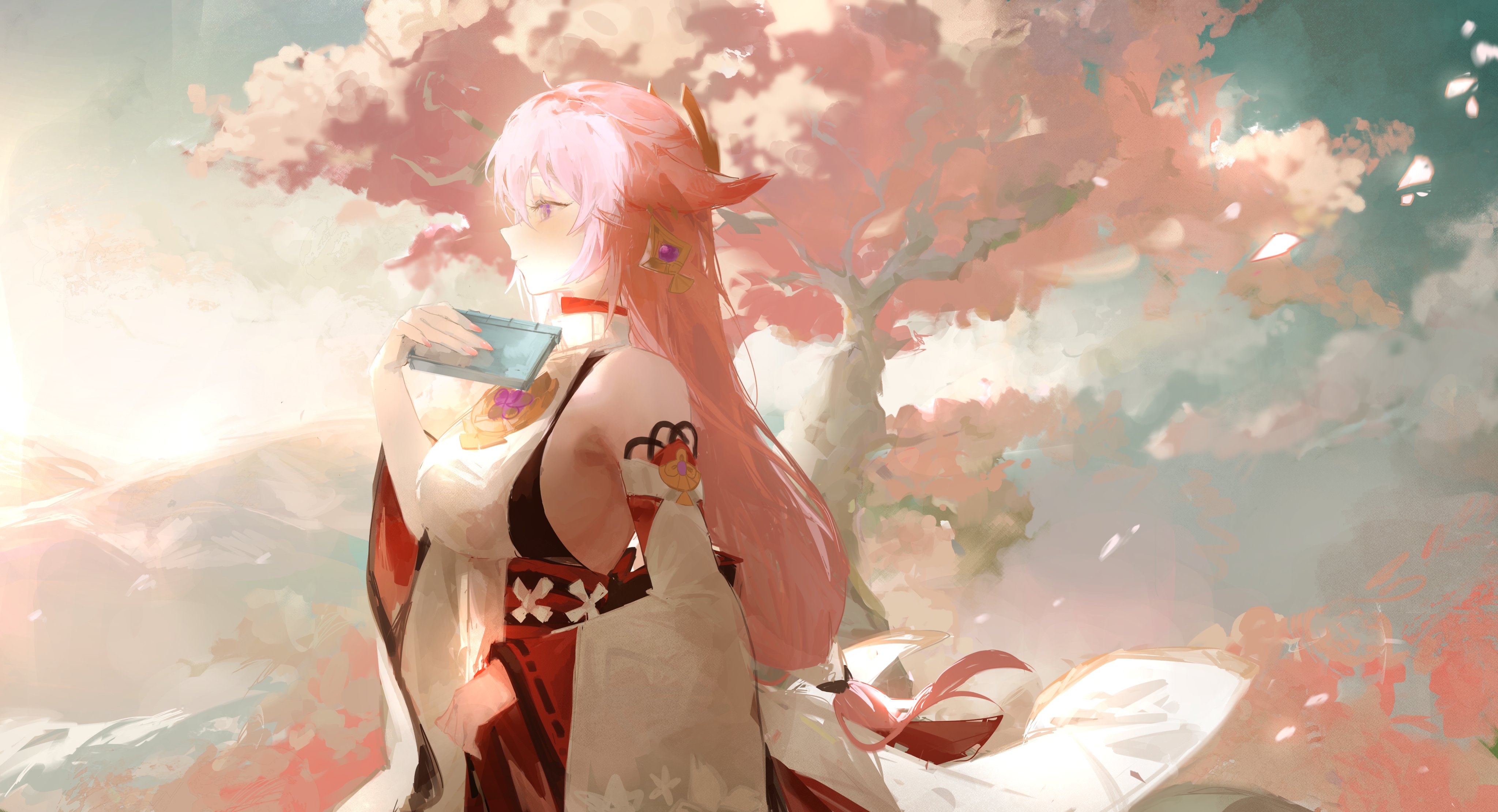 the image is a digital painting of a young animestyle woman with long, flowing pink hair. she's dressed in a flowing, elegant outfit reminiscent of a kimono, with shades of white, red, and beige. she's holding a small, light blue rectangular object, possibly a book or a card, in her hands.  she's positioned against a backdrop of a scenic landscape featuring a large cherry blossom tree in bloom, with soft, pastelcolored skies suggesting a sunrise or sunset. the overall style is dreamy and ethereal, with soft brushstrokes and a focus on soft, light colors. the image has a tranquil and peaceful atmosphere. the character's appearance and style strongly suggest possible inspiration from the video game genshin impact, with similarities to a specific character such as raiden shogun.