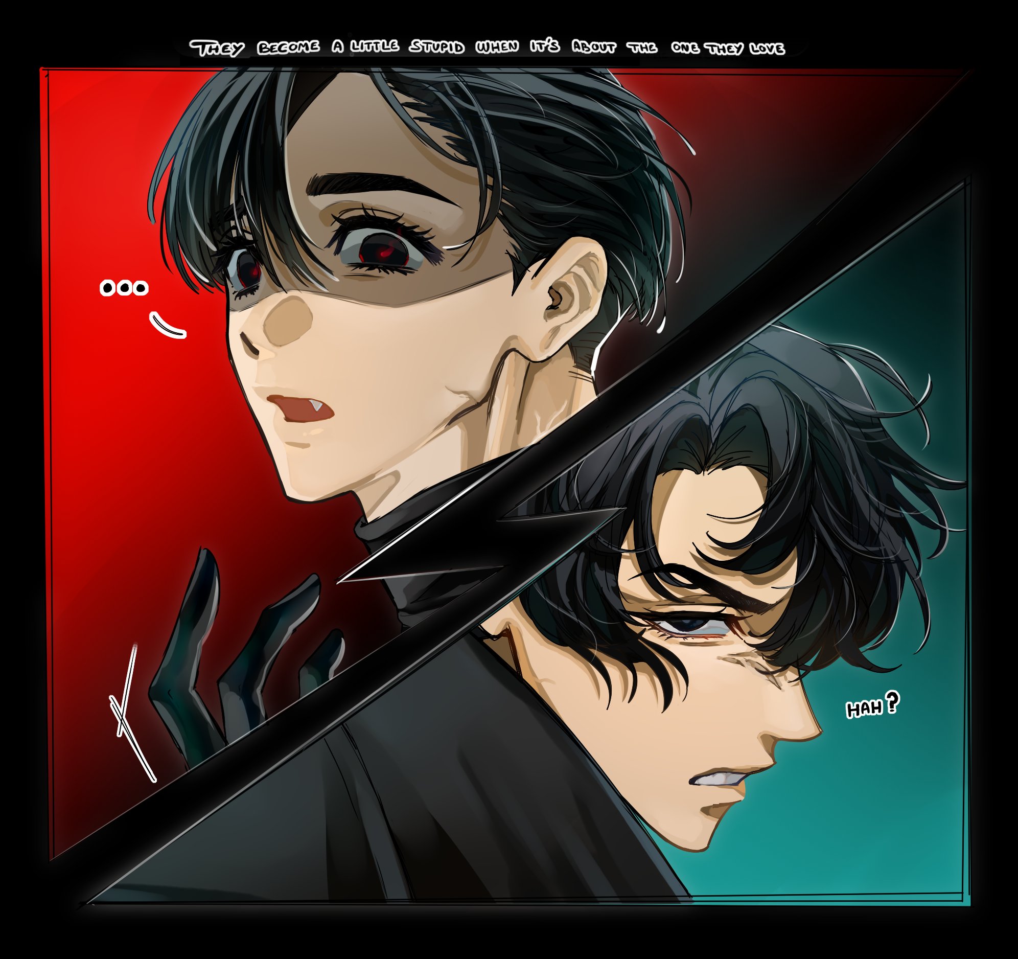 he image is a digital illustration, possibly from a manga or graphic novel, featuring two male characters.  the artwork is stylized with dramatic lighting and expressive features.  the two characters are depicted in a split image, one against a red background and the other against a teal background, separated by a dark diagonal slash.  the character on the left appears surprised or shocked, with wide eyes and an open mouth. the character on the right looks angry or frustrated, with a furrowed brow.  the text overlay indicates the characters are potentially romantically involved, and that they act differently when near the object of their affection. the overall style suggests a focus on emotion and drama.